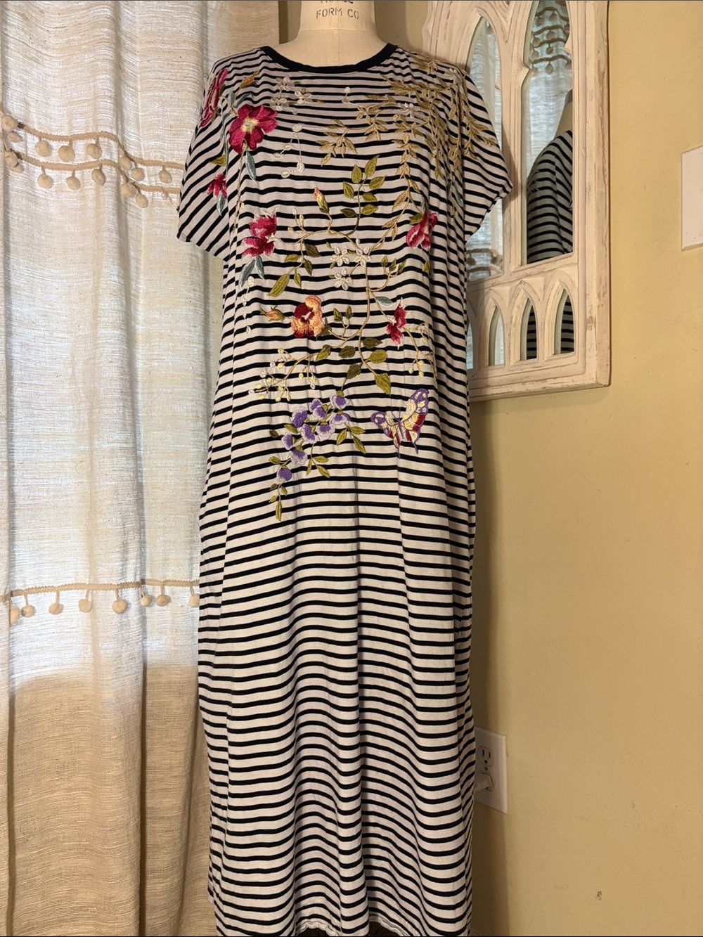 Johnny Was Black & White Striped Maxi Dress with Floral Embroidery